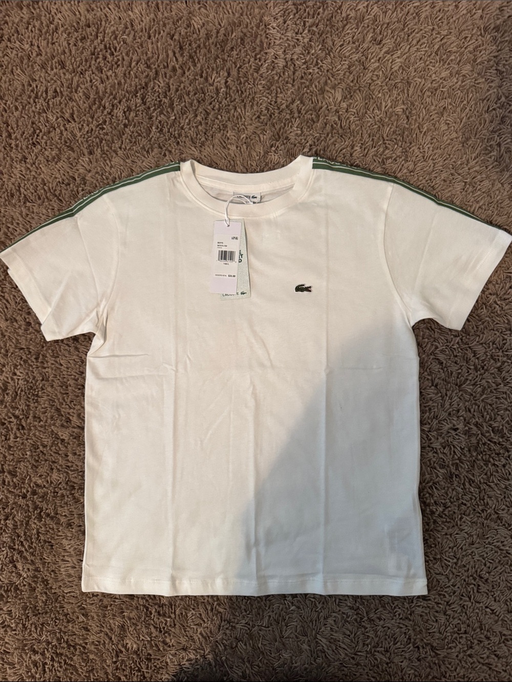 Lacoste Boys White Short Sleeve Tee with Green Shoulder Stripes